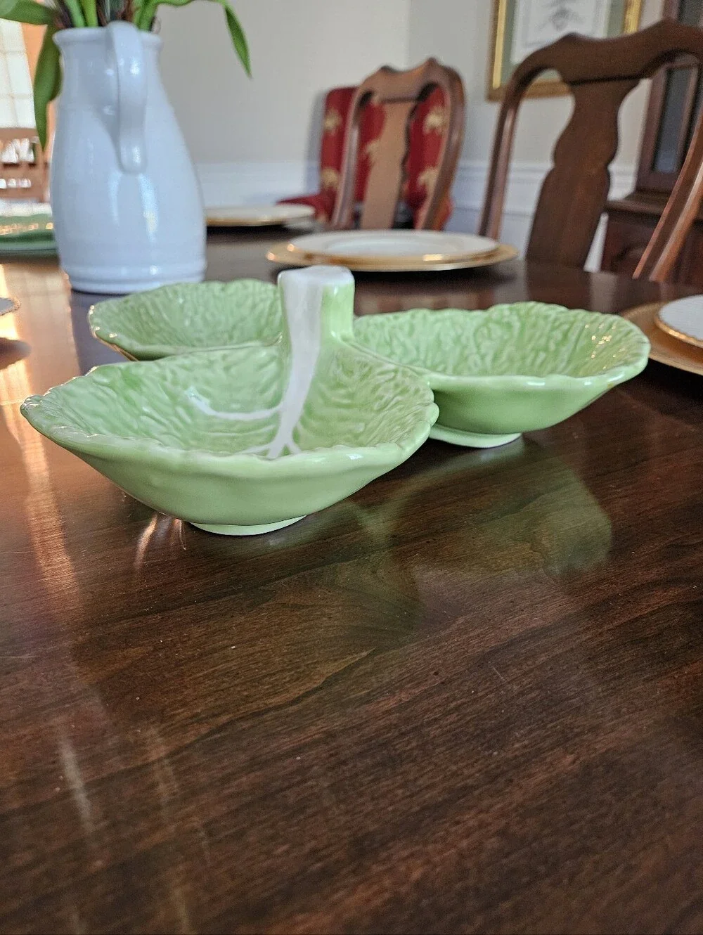 Vintage Olfaire Portugal Cabbage Ware Green 3 Section Divided Serving Dish P2414